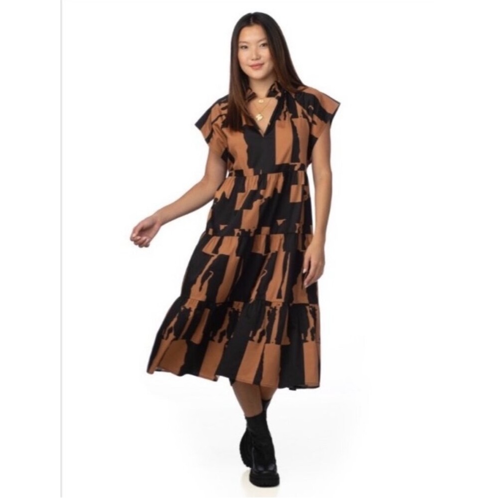 CROSBY Watts Cotswold Abstract Black and Brown Midi Dress Size Small